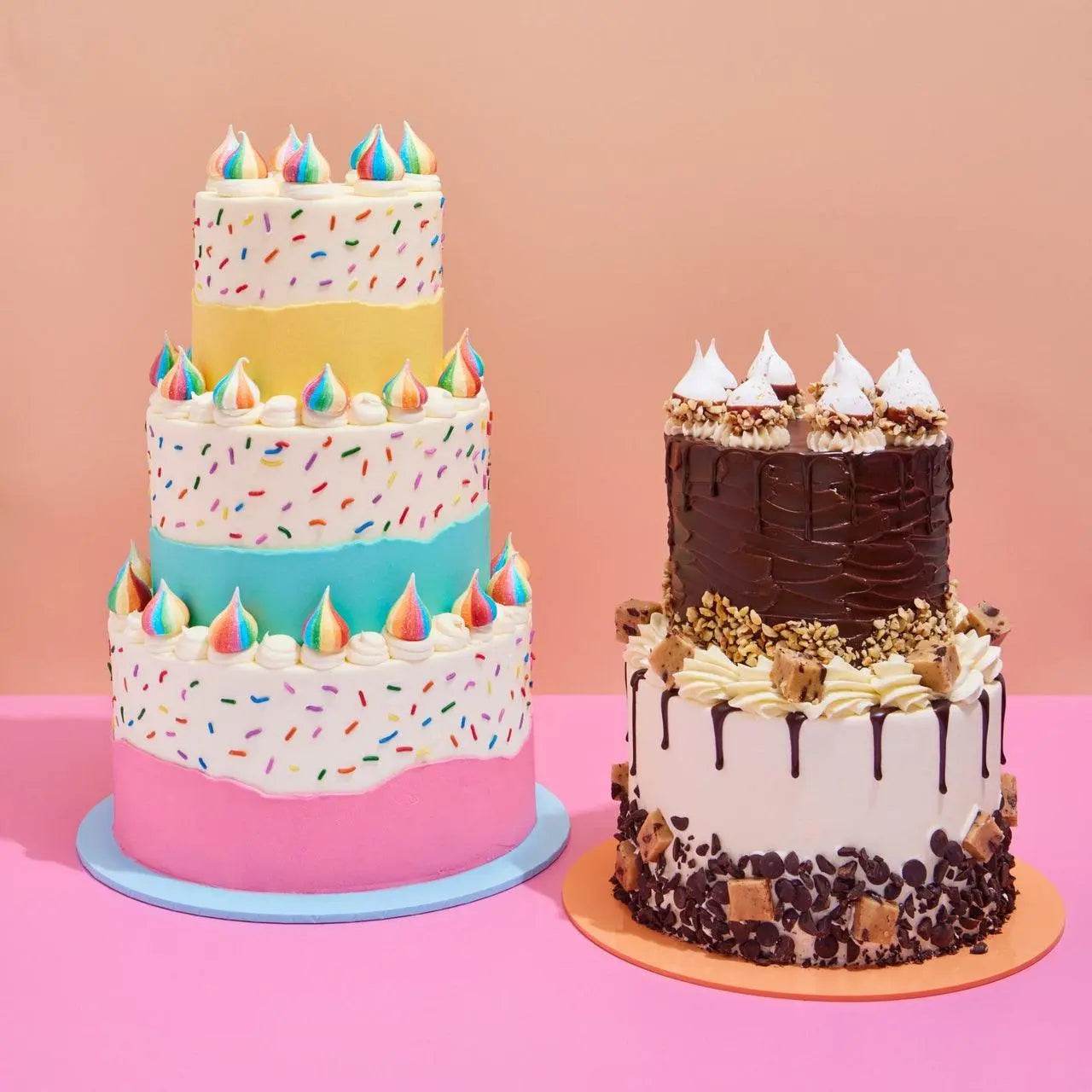 Two colorful and chocolate custom decorated tiered cakes for celebration, 2 Tier Cake - Design Your Own by Crumbs & Doilies