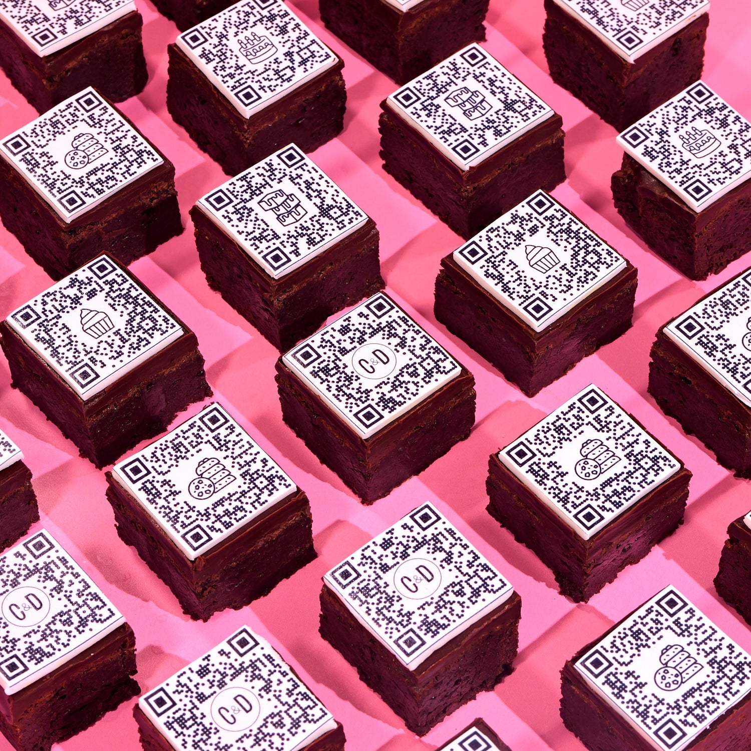 QR Code Brownies with chocolate ganache and edible QR designs perfect for branded gifts by Crumbs & Doilies