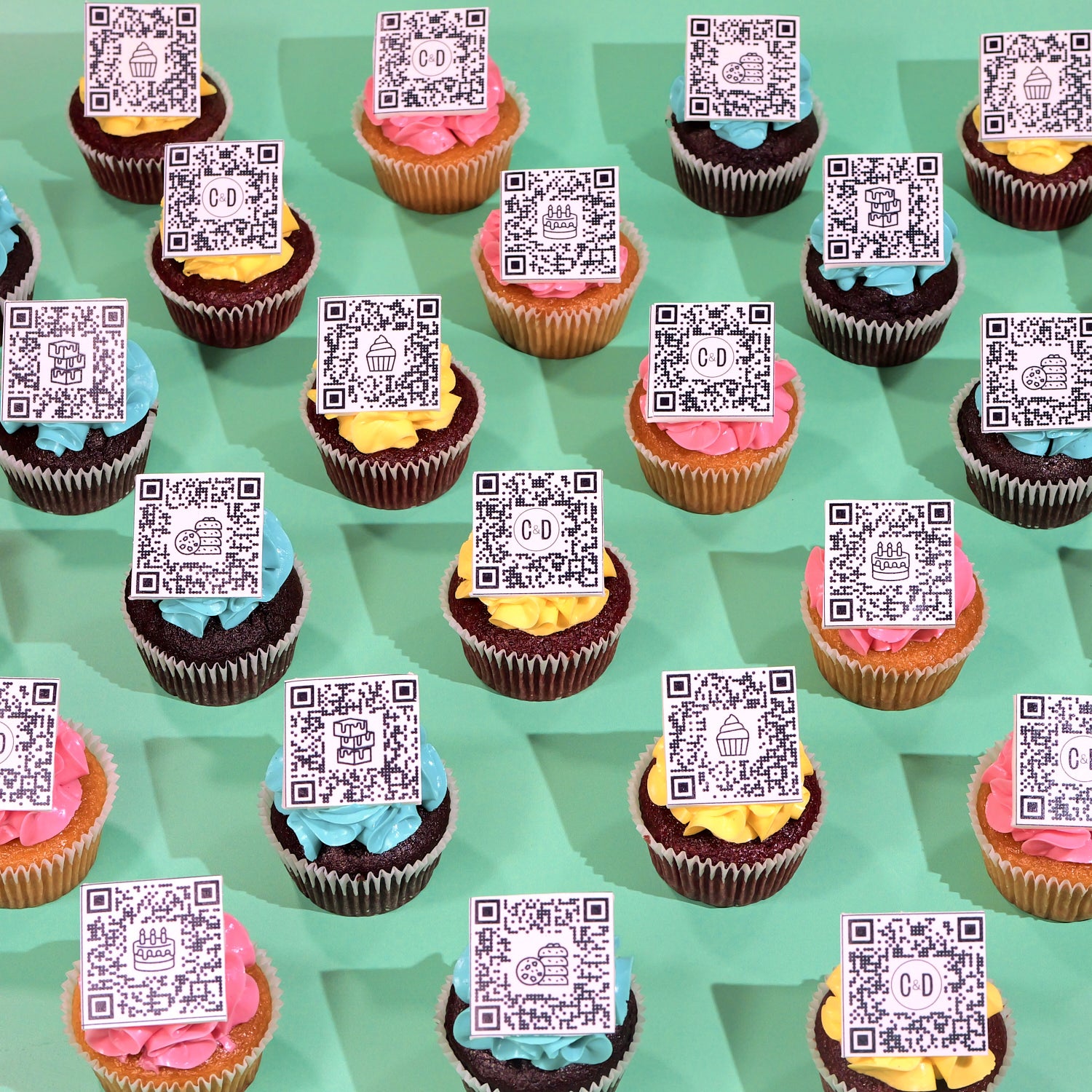 QR Code Cupcakes with colorful frosting and edible printed plaques perfect for branding and events Crumbs & Doilies