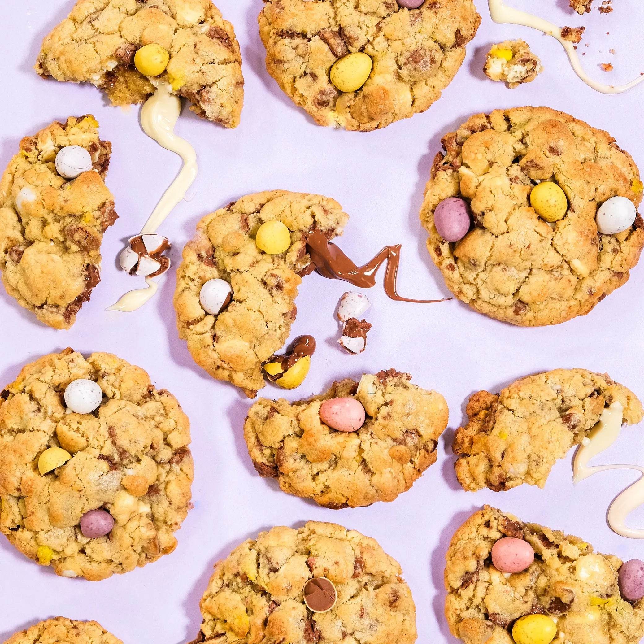 Easter Mini Egg New York Cookie with chunks of milk and white chocolate and colorful Mini Eggs by Crumbs & Doilies.