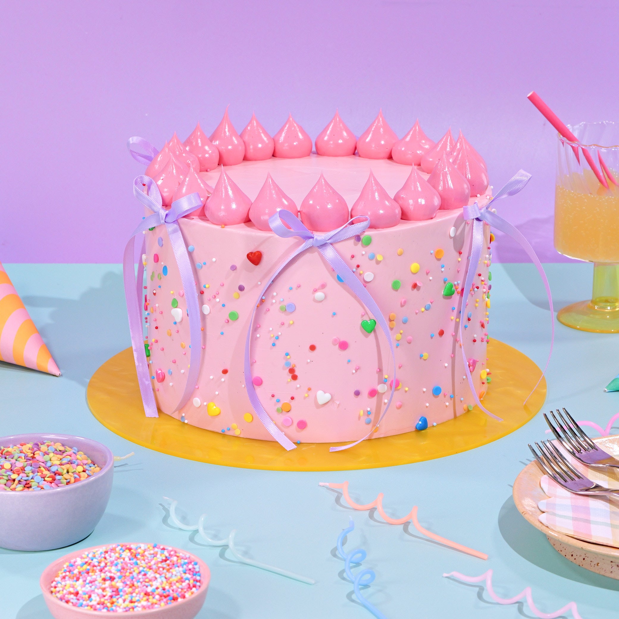 Sprinkle Party Cake with smooth pink frosting, colorful confetti sprinkles, pastel bows, and piped frosting peaks on top