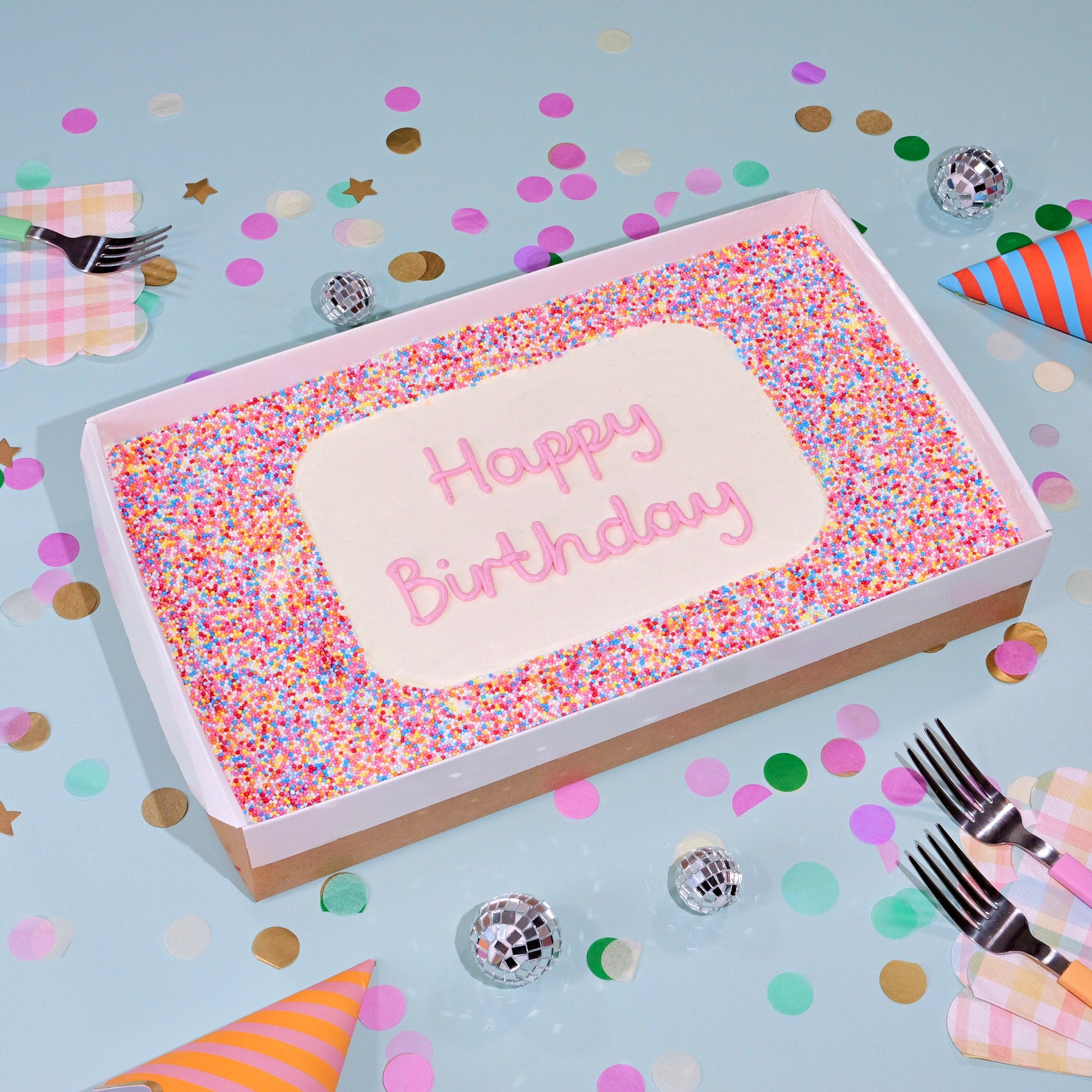 Dot Sprinkle Sheet Cake with white frosting, pink 