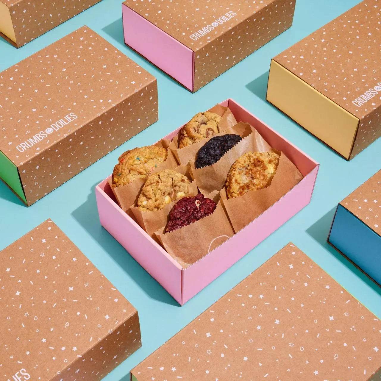 New York Cookie for Multiple Recipients box with assorted cookies and colorful Crumbs & Doilies packaging